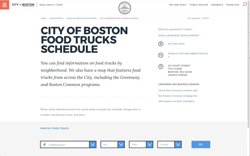 Walkthrough of the redesigned Food Trucks page on desktop, showing the side-by-side map and list interaction