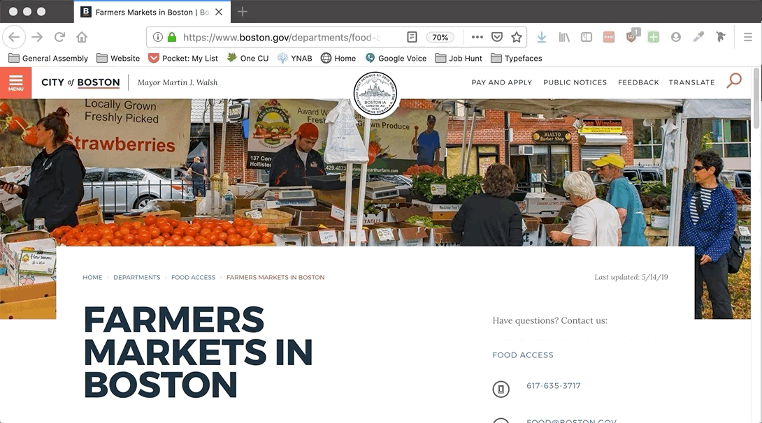 The existing Farmer's Markets page, which links out to a small-print two-page PDF