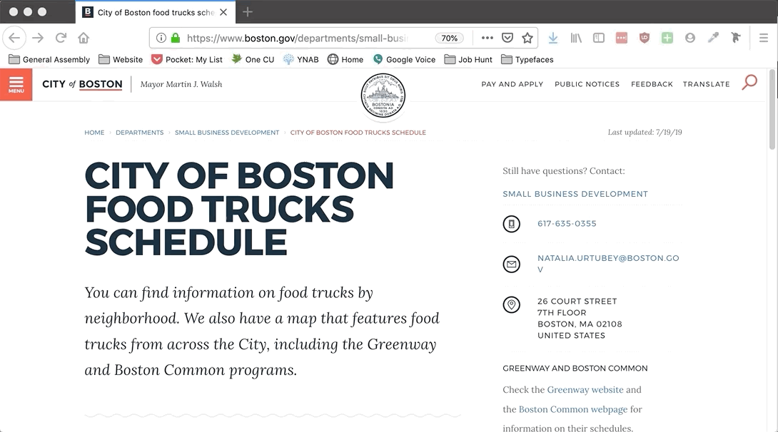 The existing Food Trucks page, with tables nested inside neighborhood dropdowns