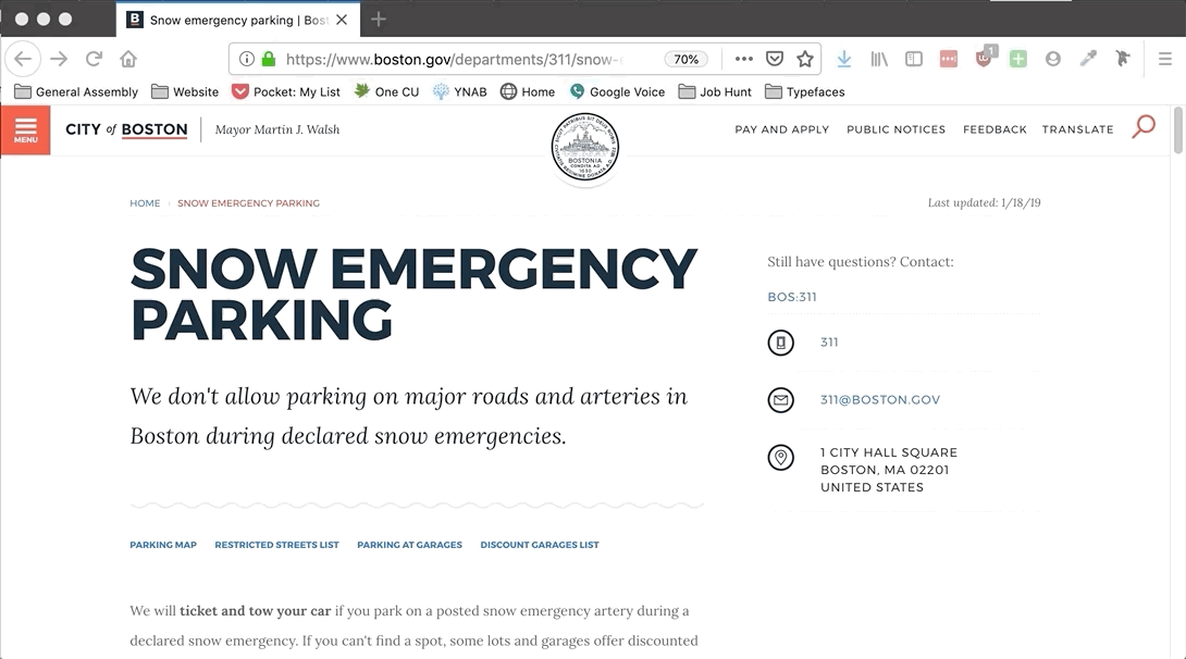 The existing Snow Emergency Parking page, with lists nested inside neighborhood dropdowns