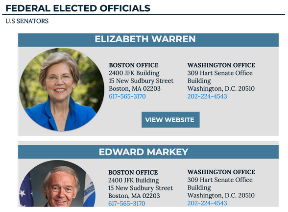 Elected Officials page design, first variation from the A/B/C test