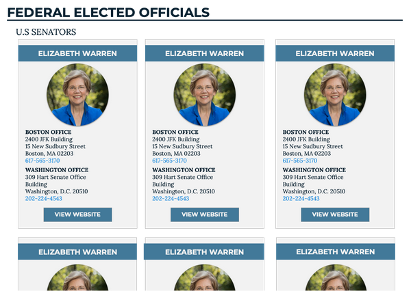 Elected Officials page design, second variation from the A/B/C test