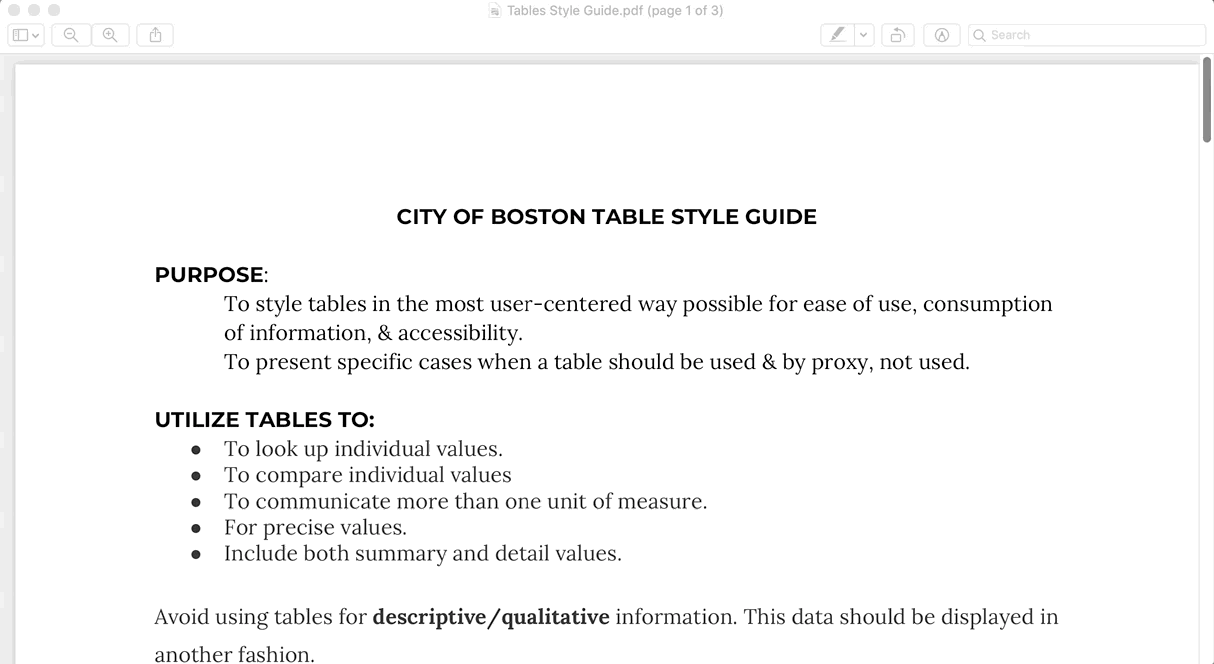 Walkthrough of the delivered table style guide covering styling and when not to use tables